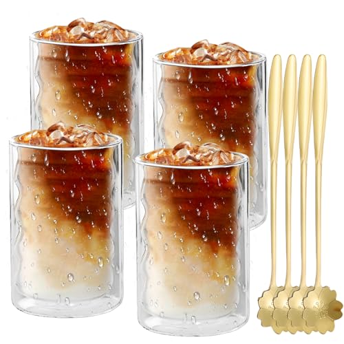Nizirioo 4er Set Latte Macchiato Gläser Doppelwandig Kaffee Gläser, 375ml Kaffeegläser mit 4 Löffeln, Thermogläser Doppelwandig aus Borosilikatglas für Whiskey, Bier, Cocktail, Eiskaffee und Eistee von Nizirioo