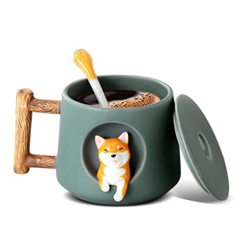 Nizirioo Kaffeetasse Süße Shiba Inu Kaffeebecher 420ml Keramik Teetasse Keramikbecher mit Deckel & Löffel Hunde Keramik Kaffeetassen Süß Corgi Dog Becher Kaffeetasse Keramik Becher für Hundeliebhaber von Nizirioo