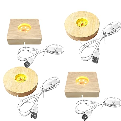 Nizirioo 4 Stück Holz Leuchtsockel: Led Sockel mit Einstellbarer Schalter, USB Leuchtsockel für Display Kristall Glas Acryl Schmuck Harz, Geschenke zum Valentinstag(Rund+Quadratisch) von Nizirioo