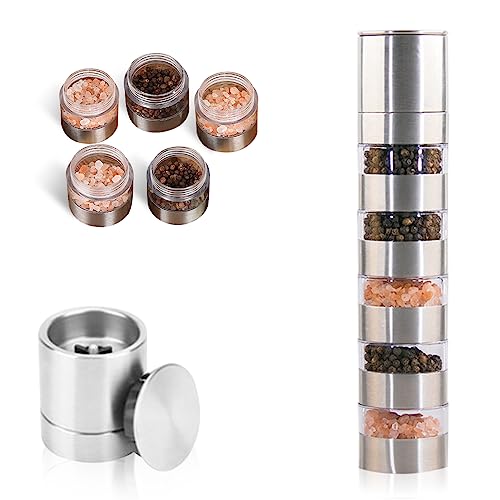 Nizirioo Mini Gewürzstreuer mit Deckel: 5-in-1 Camping Gewürzset mit Gewürzmühle, Transparentes Gewürzstreuer Camping Set, Edelstahl Gewürze Camping Set für Outdoor Picknick, BBQ, 20ml Gewürzstreuer von Nizirioo