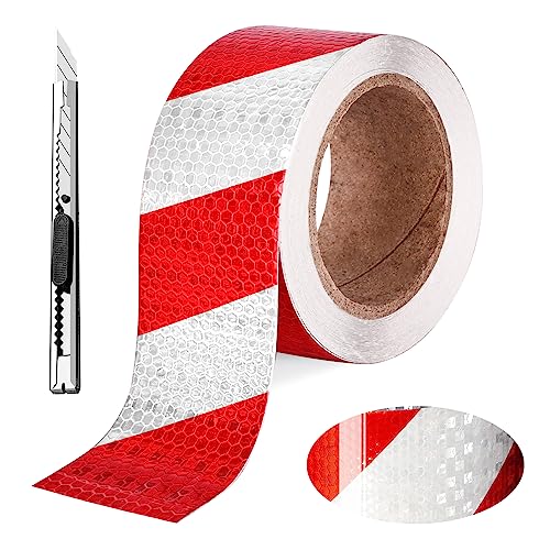 Nizirioo Reflektierendes Klebeband Rot-Weiß, 25m X 5cm Reflektorband Selbstklebend, Wasserdicht Reflektierende Aufkleber Absperrband Warnband Rutschfeste Warnklebeband Zur Abgrenzung Von Zonen von Nizirioo