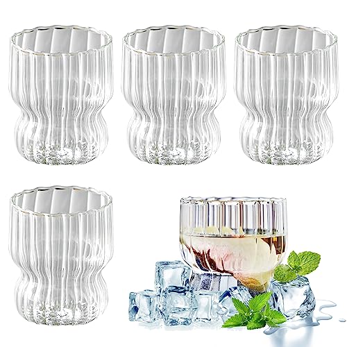 Nizirioo Trinkgläser Set Geriffelte Gläser: 4 Stück 300ml Latte Macchiato Gläser Doppelwandig mit Geriffelter Bubble Glas Aus Borosilikatglas für Latte, Tee, Eis, Milch, Bier von Nizirioo