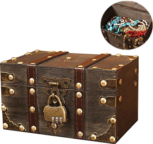 Nizirioo Vintage Holz Schatztruhe mit Zahlenschloss: Vintage Schatztruhe Klein Piratenschatztruhe, Schmuckkästchen mit Deckel Schatztruhe Kindergeburtstag, Spardose mit Schloss, Geschenk(Grau) von Nizirioo