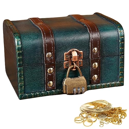 Nizirioo Vintage Holz Schatztruhe mit Zahlenschloss: Vintage Schatztruhe Klein Piratenschatztruhe, Schmuckkästchen mit Deckel Schatztruhe Kindergeburtstag, Spardose mit Schloss (Blau) von Nizirioo