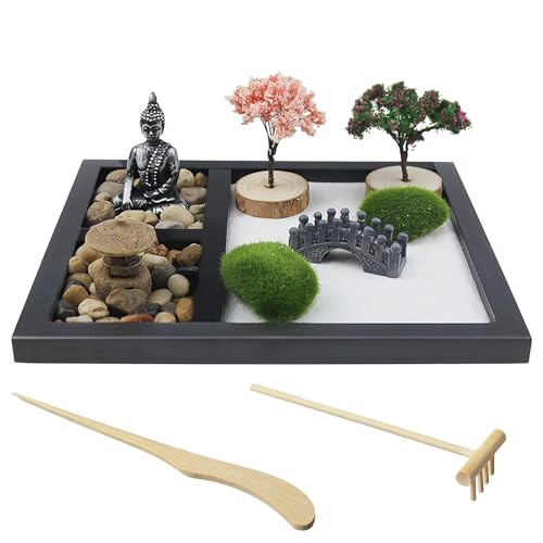 Nizirioo Zen Garten Set Mini-Zen-Garten Zen Sand Meditations-Ornamente Japanisches Zen Sand Miniatur Geschenk Set Mini Meditation Rock Sand Garden Holzsockel für Entspannung Meditation(Buddha-Statue) von Nizirioo