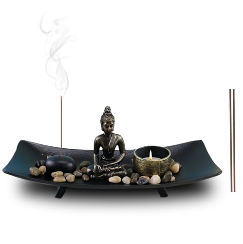 Zen Garten mit Buddha Figur: Nizirioo Dekor Japanischer Räucherstäbchen Halter Buddha Statue mit Natursteinen und Teelichthalter, Sitzende Buddha Statue für Geschenk, Meditation, Entspannung, Dekor von Nizirioo