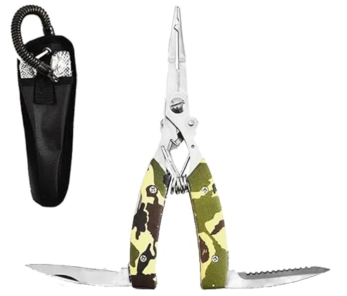 Njord Kalastus Angelzange 20cm 5in1 Hakenlöser, Messer, Säge, Sprengringzange & Draht Schneider mit Etui und Karabiner Kabel Sicherung | Angel Zange Hakenlöser Angeln Springringzange (Camouflage) von Njord Kalastus