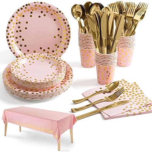 141Stück Rosagold Partygeschirr,Partyzubehör Pappteller Set,Wiederverwendbar ​Papier Geschirr Set einschließlich Tischdecke Teller Becher Servietten zum Geburtstag,Hochzeiten,Jubiläums(20 Gäste) von Nkaiso