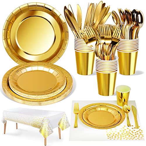 Nkaiso 141Stück Gold Partygeschirr,Partyzubehör Pappteller Set,Wiederverwendbar ​Papier Geschirr Set einschließlich Tischdecke Teller Becher Servietten zum Geburtstag,Hochzeiten,Jubiläums(20 Gäste) von Nkaiso