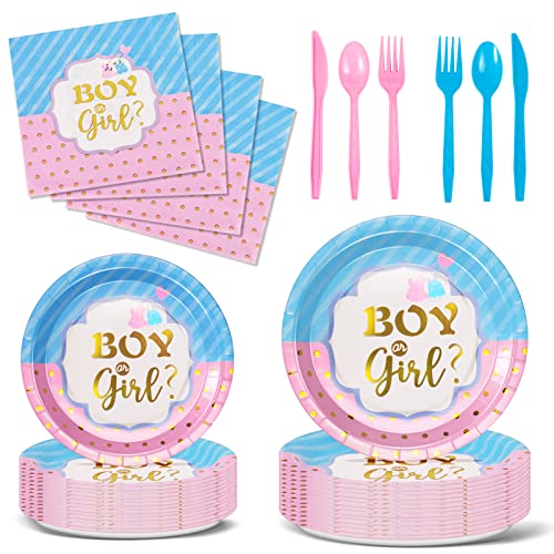 Nkaiso Partygeschirr 144 Stück Blau und Rosa Party Gender Reveal Supplies Party Deko Zubehör Set für Baby Dusche Teller Servietten Wiederverwendbar Geschirr - 24 Gäste von Nkaiso
