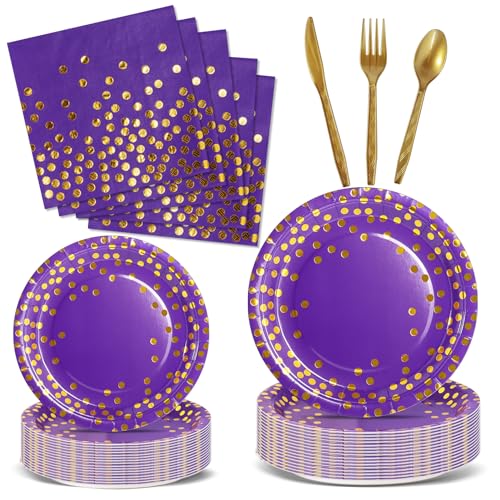 Nkaiso Partygeschirr 144 Stück Lila und Gold Kindergeburtstag Mädchen Party Deko Zubehör Set ​Papier Geschirrset einschließlich Pappteller Servietten Wiederverwendbares Geschirr -24 Gäste von Nkaiso