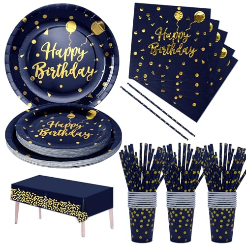 Nkaiso Partygeschirr Kindergeburtstag, 121 Pieces Marineblaugold Partygeschirr Set mit Pappteller Becher Servietten Geburtstag Mädchen Geburtstagsdeko für Party Geburtstag -24 Gäste von Nkaiso
