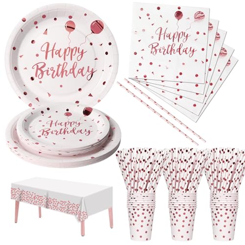 Nkaiso Partygeschirr Kindergeburtstag, 121 Pieces Rosagold Partygeschirr Set mit Pappteller Becher Servietten Geburtstag Mädchen Geburtstagsdeko für Party Geburtstag -24 Gäste von Nkaiso