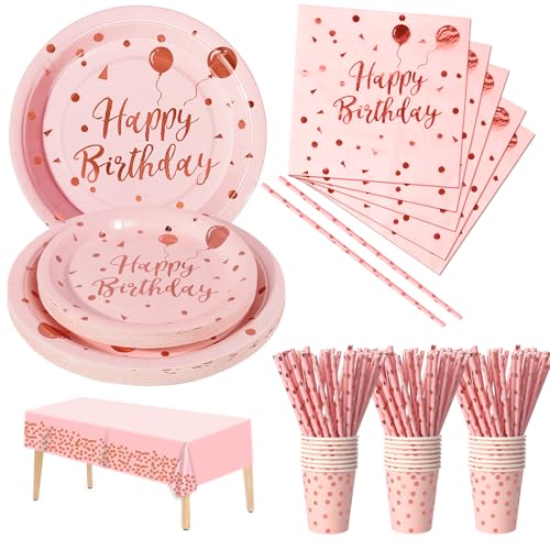 Nkaiso Partygeschirr Kindergeburtstag, 121 Pieces Rot und Rosagold Partygeschirr Set mit Pappteller Becher Servietten Geburtstag Mädchen Geburtstagsdeko für Party Geburtstag -24 Gäste von Nkaiso