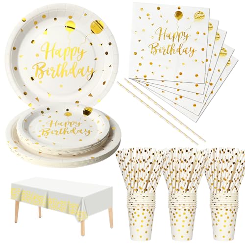 Nkaiso Partygeschirr Kindergeburtstag, 121 Pieces Weißgold Partygeschirr Set mit Pappteller Becher Servietten Geburtstag Mädchen Geburtstagsdeko für Party Geburtstag -24 Gäste von Nkaiso