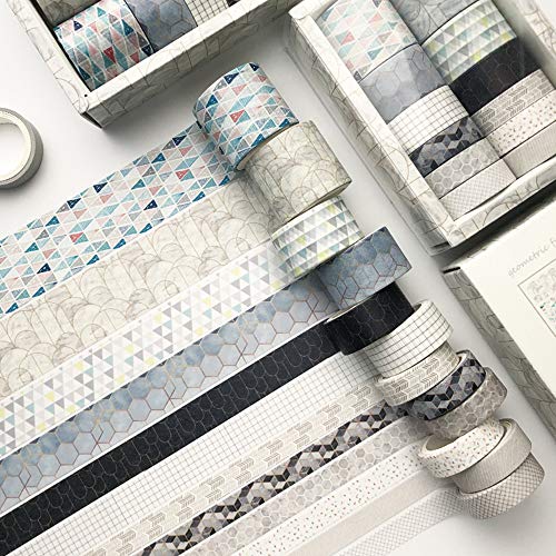 Tyelany Washi-tape, 12 Rollen Washi Bänder, Washi Tape Einfarbig 3m pro Rolle, mit 1 Schachtel, für Tagebuch, Heimwerken, Dekorieren, Schenken, Verpacken, Kalender (Breite 1cm, 1,5cm, 2cm, 3cm, Grau) von No/Brand