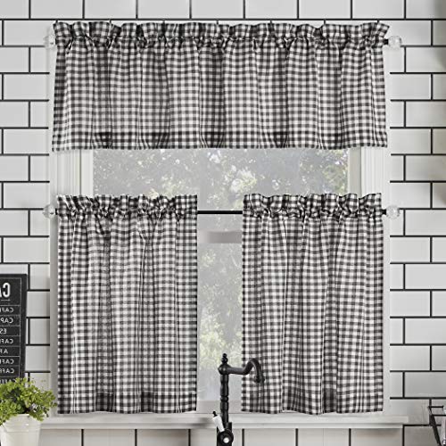 Parkham Farmhouse Plaid Semi-Sheer Gardinenstange Gardine Küchenvorhang Volant Nr.918 54" x 24" 3-Piece Set schwarz/weiß von No. 918