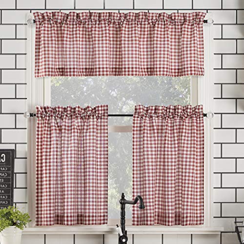 Parkham Farmhouse Plaid Semi-Sheer Gardinenstange Gardine Küchenvorhang Volant Nr.918 54" x 36" 3-Piece Set rot/weiß von No. 918
