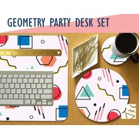 Geometrie Party Schreibtischmatte, Mousepad & Untersetzer Set, Schreibtisch Accessoire Home Office, Büro Dekor, Trendiger Arbeitsplatz von NoBadMondays
