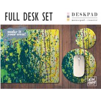 Paint Splatter Grün Gelb Druck Schreibtischmatte, Mouse Pad & Untersetzer Set, Schreibtisch Accessoire Home Office, Trendy Workspace, Gamer Desk von NoBadMondays