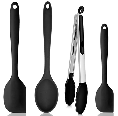 NoChoX Grillzang Silikon + Silikon Spatel + Kochlöffel Silikon, Antihaft Silikon Kochlöffel hitzebeständiges Set, BPA Frei, Küchenutensilien zum Backen und Kochen(Schwarz) von NoChoX