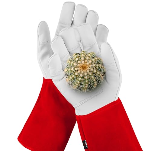 NoCry Leder Gartenhandschuhe für Damen und Herren - Dornenfeste Handschuhe mit extra langer Stulpe und verstärkten Handflächen und Fingerspitzen, Rot, Größe XL von NoCry