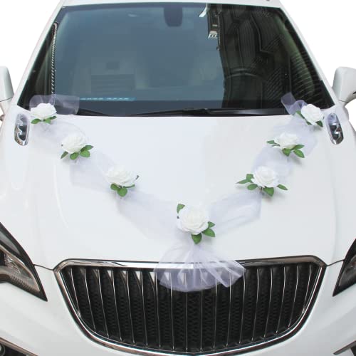 Noa Home Deco Autoschmuck Hochzeit, Weiß Rose Auto Schmuck außen Hochzeit Deko, Brautauto Car Wedding Dekoration Motorhaube, 2 Weiss (180cm länge/tüll) von Noa Home Deco