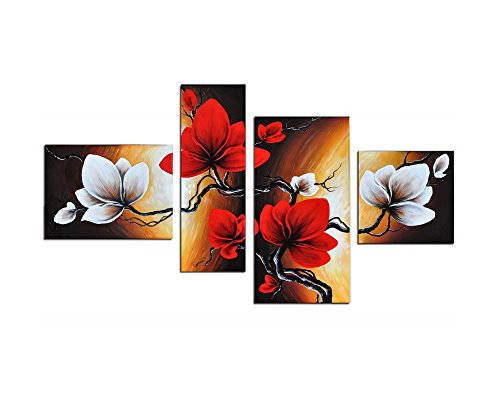 Noah Art - Handbemalte Leinwand-Wandkunst, Blumen, Frühlingsblüte, Tulpe, moderne Blumengemälde, 4 Paneele, gespannte rote Blumenbilder, Wanddekoration für Schlafzimmer von Noah Art