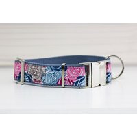 Hundehalsband, Hund, Welpe, Halsband, Hunde, Abstrakt, Rosen, Blumen, Modern, Türkis, Rosa, Blau, Grau, Gurtband, Schnalle, Metall von NoahMeetsScottiePets