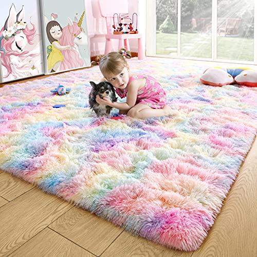 Noahas Flauschiger Regenbogen-Teppich für Mädchen und Kinder, luxuriöser zotteliger Schlafzimmerteppich für Mädchen, weich und bunt, Dekoration für Kinderzimmer, 1,2 x 1,8 m von Noahas