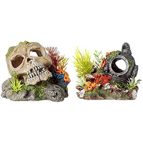 Nobby Aqua Ornaments Totenkopf mit Pflanzen 13,5 x 13,5 x 10,5 cm & Aqua Ornaments Helm mit Pflanzen 13,5 x 11 x 12 cm von Nobby