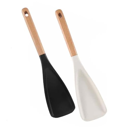 NobesOnbet 2 Stück multifunktionale Haushaltslöffel, 2-in-1 Langer Holzgriff Silikonlöffel Salatlöffel, antihaftbeschichteter Kochlöffel, 31 * 7 cm von NobesOnbet