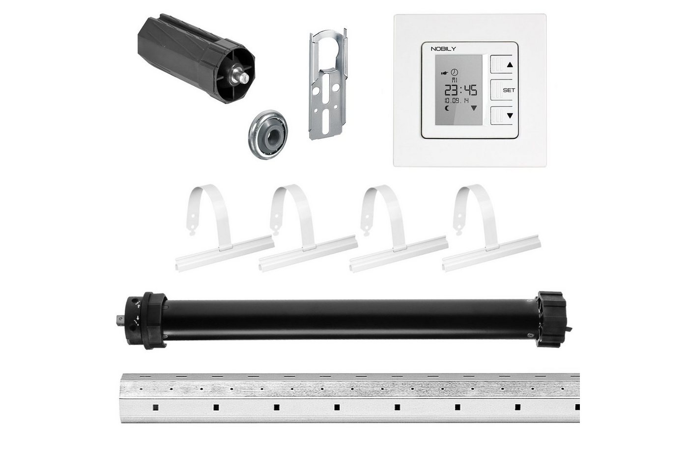 Nobily Achtkantwelle Rollladen-Set mit Maxi Rollladenmotor, Zeitschaltuhr, Mechanik-Set, Komplett-Set, 7-St., 20Nm/ 50kg von Nobily