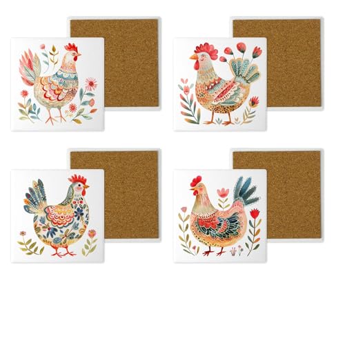 Set mit 4 Keramik-Untersetzern – nordisches Design mit bunten Hühnern und floralen Akzenten – 10 x 10 cm handbedruckte Getränkeuntersetzer von Noble & Page