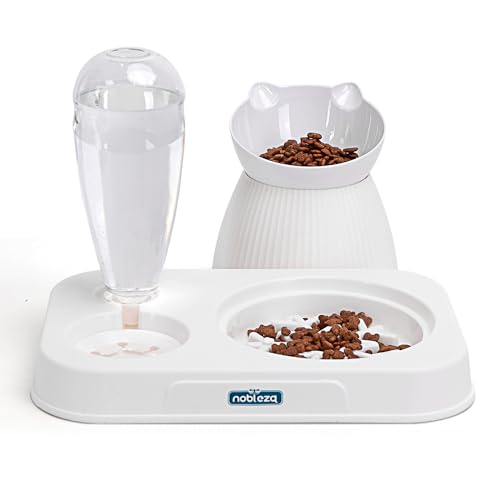 Nobleza-3 in 1 Katzennapf-Set，mit Automatischer Wasserflasche，Katzennapf Erhöht Fressnapf Katze mit 15° Neigung Design，mit Interaktiver Slow Feeder Futternapf Perfekt für Katzen，Weiß von Nobleza