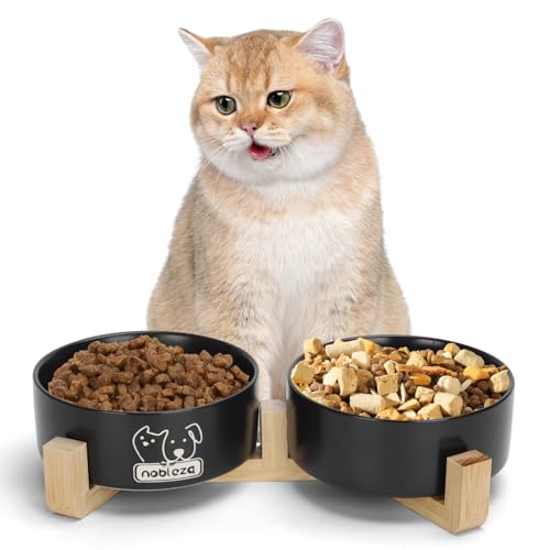 Nobleza - Keramik Hundenapf Katzennapf 2 x 900ML Futternapf für Hund Katzen mit Massivholz Ständer， rutschfest， für Katzen und kleine Hunde (Schwarz) von Nobleza