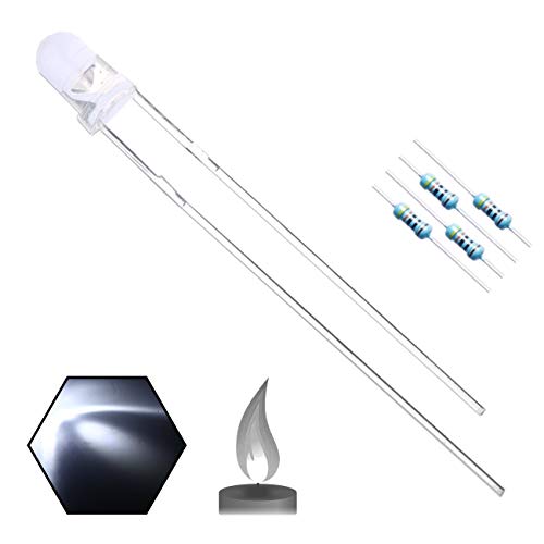 100 Stück 3 mm weiß flackernde Dioden LED Kerze Blinkerleuchten klar rund oben 29 mm lang DC 3 V Leuchtmittel mit Leuchtdiode 100 Stück (430 Ohm für DC 6 – 12 V) inklusive. von Nobrand