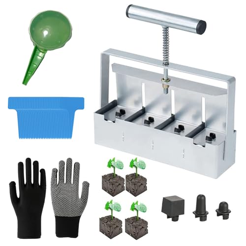 Manueller Bodenblocker, Handgehaltener Bodenblockierer 5 * 5CM, 4er Soil Block Mikro-Bodenblocker-Set, Handheld Quad Bodenblockierer Maker mit Saathilfe, Gloves, Etikett für Outdoor-Pflanzen von Noeborty