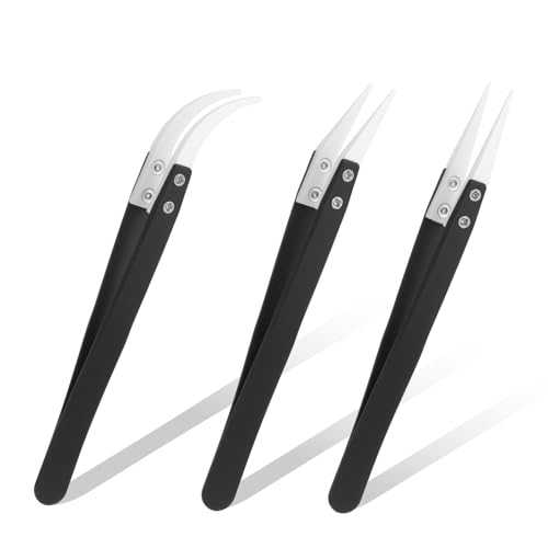 Nogeqi 3 Stück Keramik Pinzetten Set, Edelstahl Pinzette Spitz Gerade Gebogen Hitzebeständig Ceramic Tweezers Für Elektronikreparaturen, Schmuck, Computer, Laborlötarbeiten Modellbau Werkzeug von Nogeqi