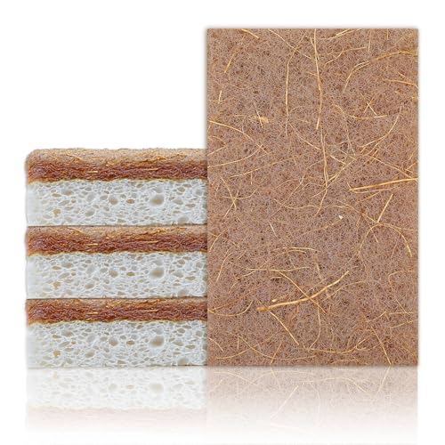 Nogeqi 4 Stück Natürlicher Spülschwamm Doppelseitig Kokosnusszellulose und Sisal Geschirrschwamm Küchenschwamm Biologisch Abbaubar Spülschwämme Geruchsfrei, Kratzfreier Küche Reinigungsschwamm von Nogeqi