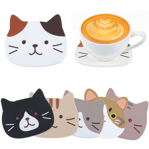 Nogeqi 6 Stück Katzen Untersetzer Silikon Glasuntersetzer rutschfest Hitzebeständige Katze Untersetzer Gläser, Tassenuntersetzer Cute Cat Cup Coasters Katzen Deko Geschenk für Katzenliebhaber von Nogeqi