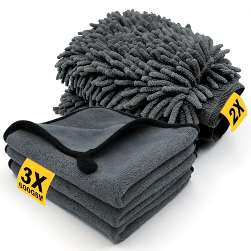 Nokwocy 5 Stück Autopflege Set mit 3 Stück Mikrofasertücher Auto & 2er Mikrofaser Waschhandschuh Auto, 600 GSM Trockentuch zum 100% Kratzfrei & Polieren, Super Saugstark und Extrem Schonend, 40x30cm von Nokwocy