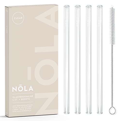 NOLA Premium Glastrinkhalme transparent, 4er-Set + Reinigungsbürste - 15 cm lang - Spülmaschinenfest, Spezialglas - für heiße & kalte Getränke, Tee, Cocktails, Smoothies, Säfte von Nola