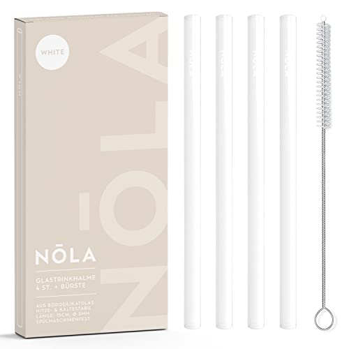 NOLA Premium Glastrinkhalme weiß, 4er-Set + Reinigungsbürste - 15 cm lang - Spülmaschinenfest, Spezialglas - für heiße & kalte Getränke, Tee, Cocktails, Smoothies, Säfte von Nola