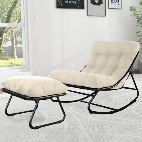 Schaukelstuhl Wohnzimmer mit Hocker, Schaukelsessel Stillsessel mit Extra Groß Kissen, Rocking Chair Metall für Drinnen & Draußen, bis150kg Relaxstuhl Relaxsessel für Balkon Terrasse Garten (Weiß) von NomadNomics
