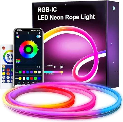 nomiou Neon LED Strip 5m, RGBIC Neon LED Streifen mit App-Steuerung, DIY-Farbwechsel Lichtband, Musik Sync,Neon Lichtband für Wohnzimmer, Schlafzimmer, Wand Deko von nomiou