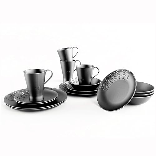Nomnu Spiderweb Geschirr-Set (16-teilig) – Gothic-Geschirr-Set – schwarzes mattes Porzellan – 4 Speiseteller, 4 Salatteller, 4 Schalen, 4 Tassen – Halloween-Geschirr, gruselige Gerichte, von Nomnu