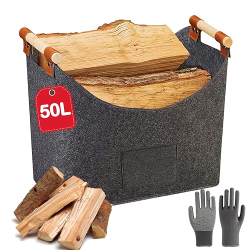 NonKob Kaminholzkorb XXL mit Handschuhen, Holzkorb für Kaminholz mit Rutschfeste Griffe aus Extra Dicker Filz, Brennholzkorb Filztasche faltbar für Brennholz,Spielzeug,Kleidung (45 * 32 * 40cm) von NonKob