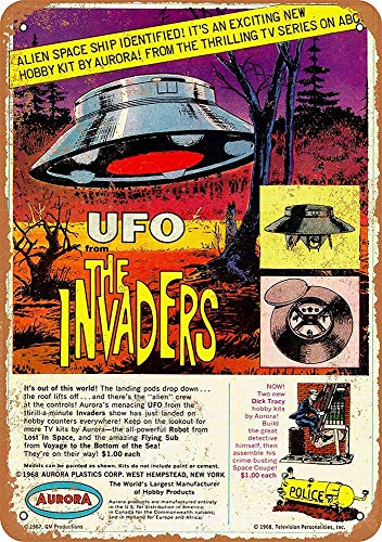None Brand The Invaders Ufo Modell Retro Wanddekoration Metall Blechschild bemalt Kunst Poster Dekoration Plakette Warnung Cafe Garage Party Spiel Zimmer Türschilder von Hongxin