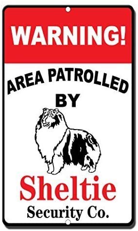 None Brand Warning Area Patrolled by Sheltie Blechschild Retro Metall Poster Vintage Kunst Schild Schilder Hof Garten Tür Cafe Pub Toilette Geburtstag von Hongxin